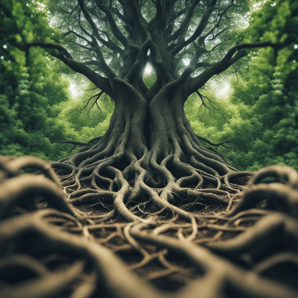 Two trees entwined, roots and branches merging, surrounded by swirling energy