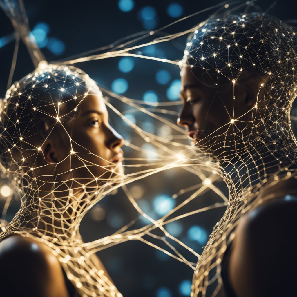 Two souls connected by glowing ethereal threads, intertwining and binding them together in a complex and intricate web of energy