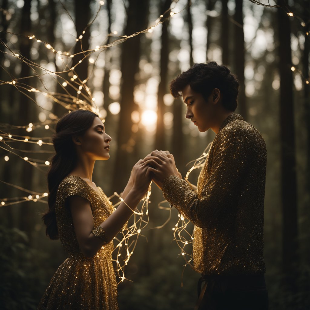 Two souls entwined by glowing, golden threads, struggling to break free in a dark, tangled forest