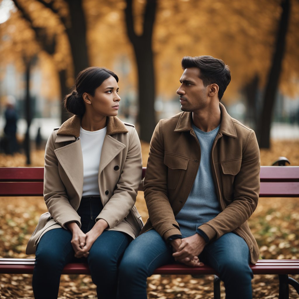 A couple sits on a park bench, one person looking upset while the other appears agitated. The atmosphere is tense, with red flags symbolically scattered around them