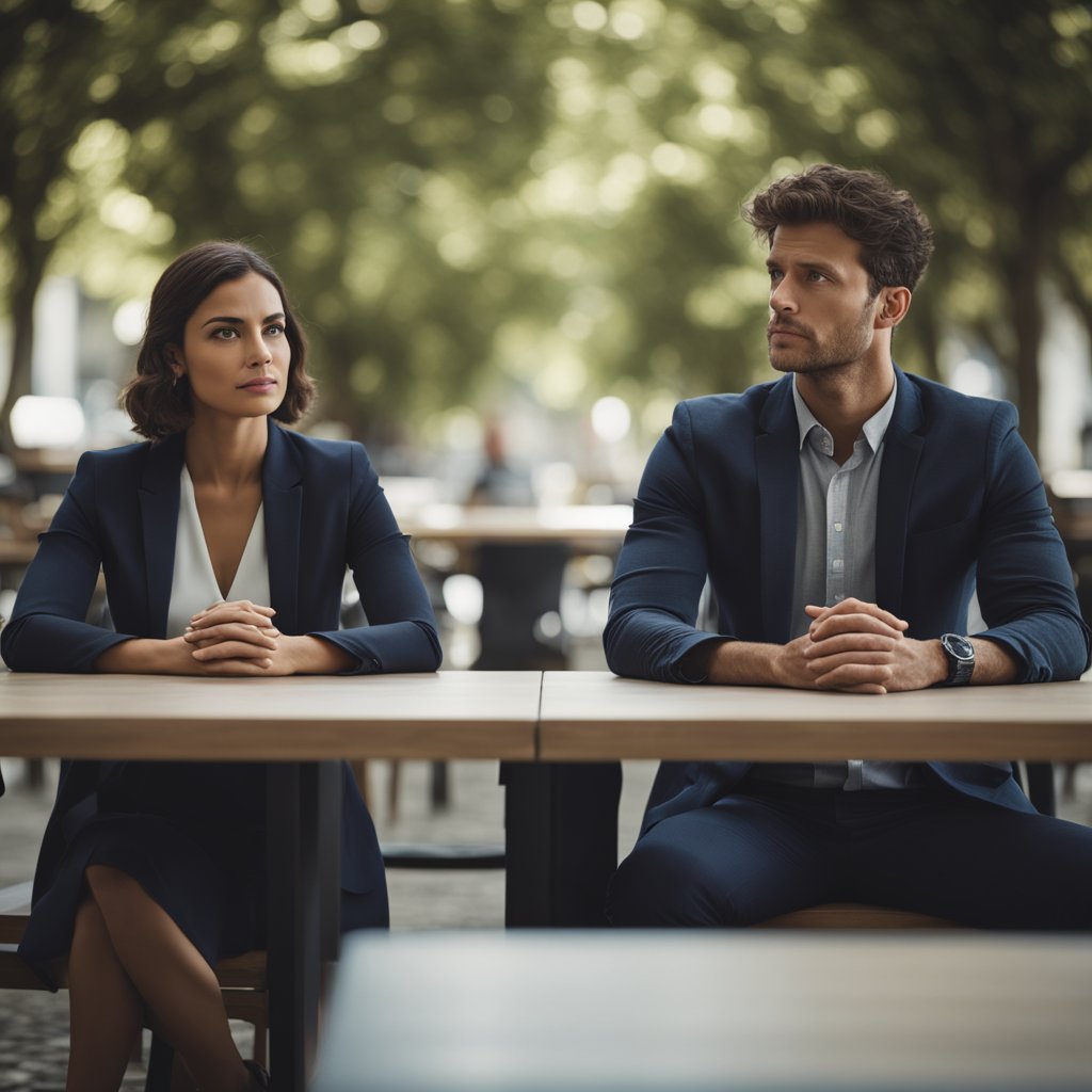 Two people sitting on opposite sides of a table, with crossed arms and furrowed brows. One person is looking away while the other is staring intently