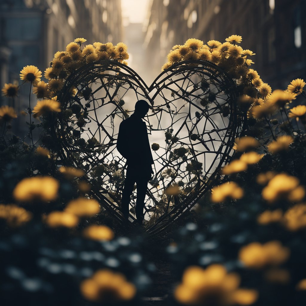 A shadowy figure looms over a cracked heart, surrounded by wilted flowers and broken promises