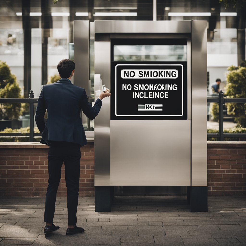 A person throwing away a cigarette in front of a "No Smoking" sign