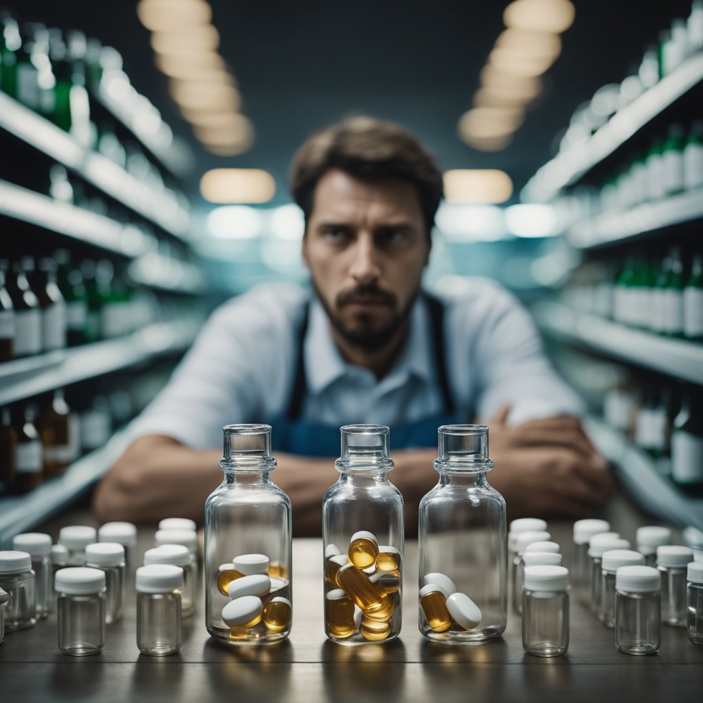 A person standing alone, surrounded by empty bottles and pill bottles, with a look of despair on their face