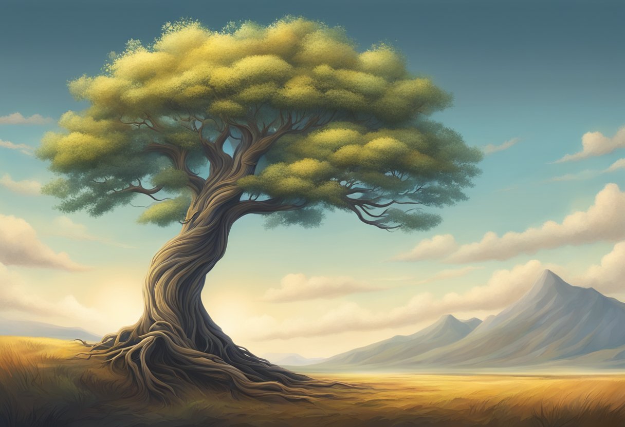 A lone tree standing tall in a vast, serene landscape, its roots firmly grounded in the earth, symbolizing the journey to authenticity and fulfillment