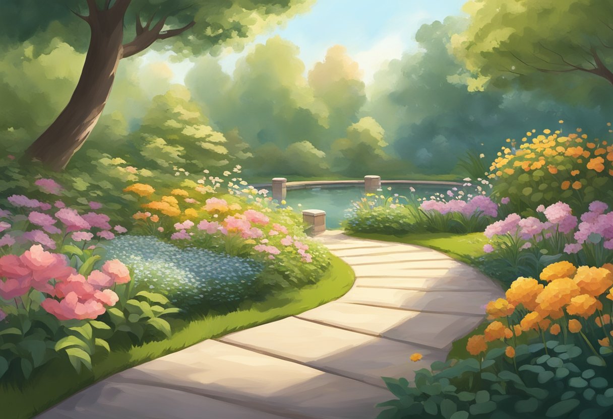 A serene, sunlit garden with blooming flowers and a winding path leading to a tranquil pond, reflecting the surrounding nature, symbolizing personal growth and self-care