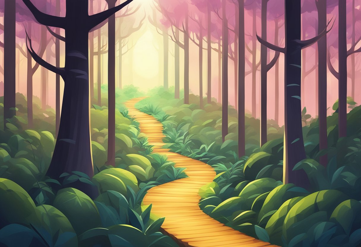 A winding path through a dense forest, with obstacles and hurdles along the way, leading towards a glowing light at the end