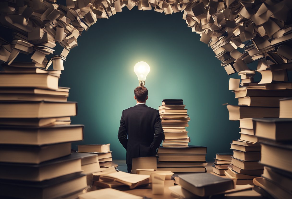 A person surrounded by books, a globe, and a stack of papers, with a lightbulb overhead