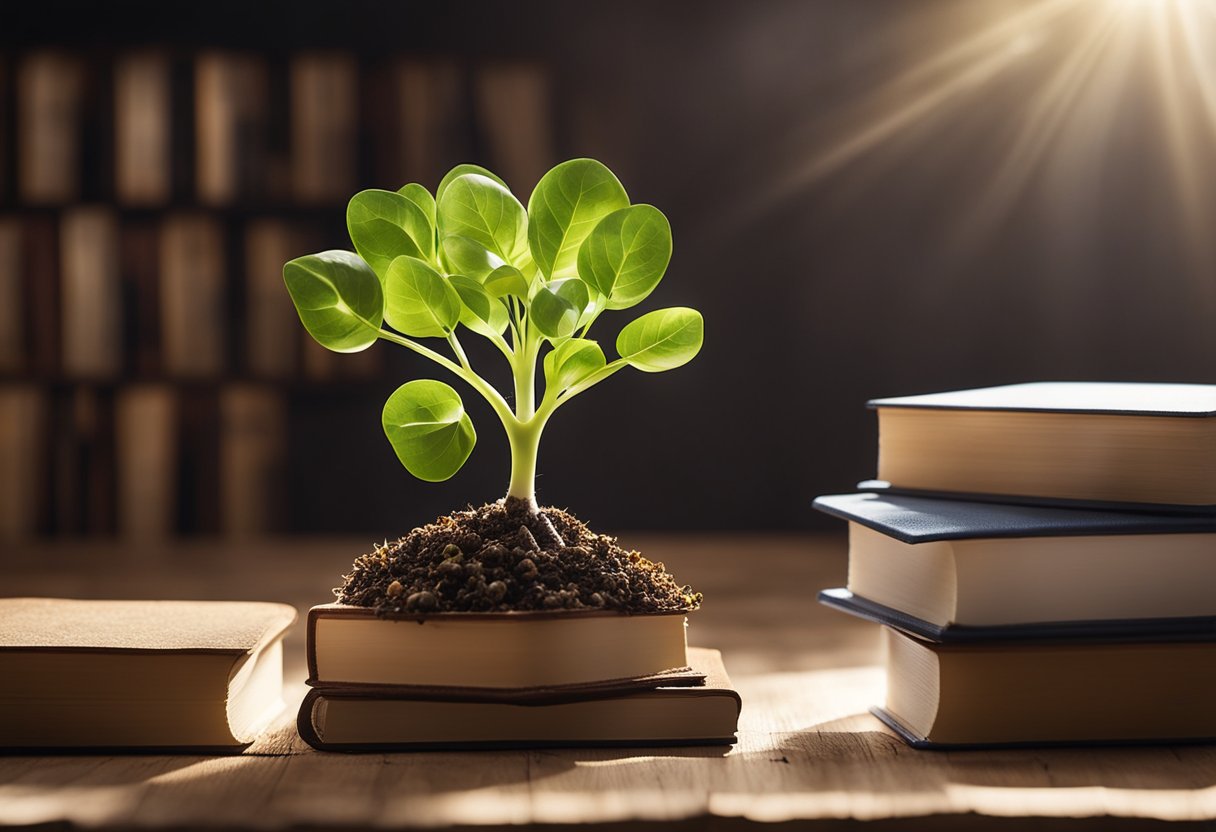 A sprouting seedling growing towards the sunlight, surrounded by books, a pencil, and a brain-shaped light bulb