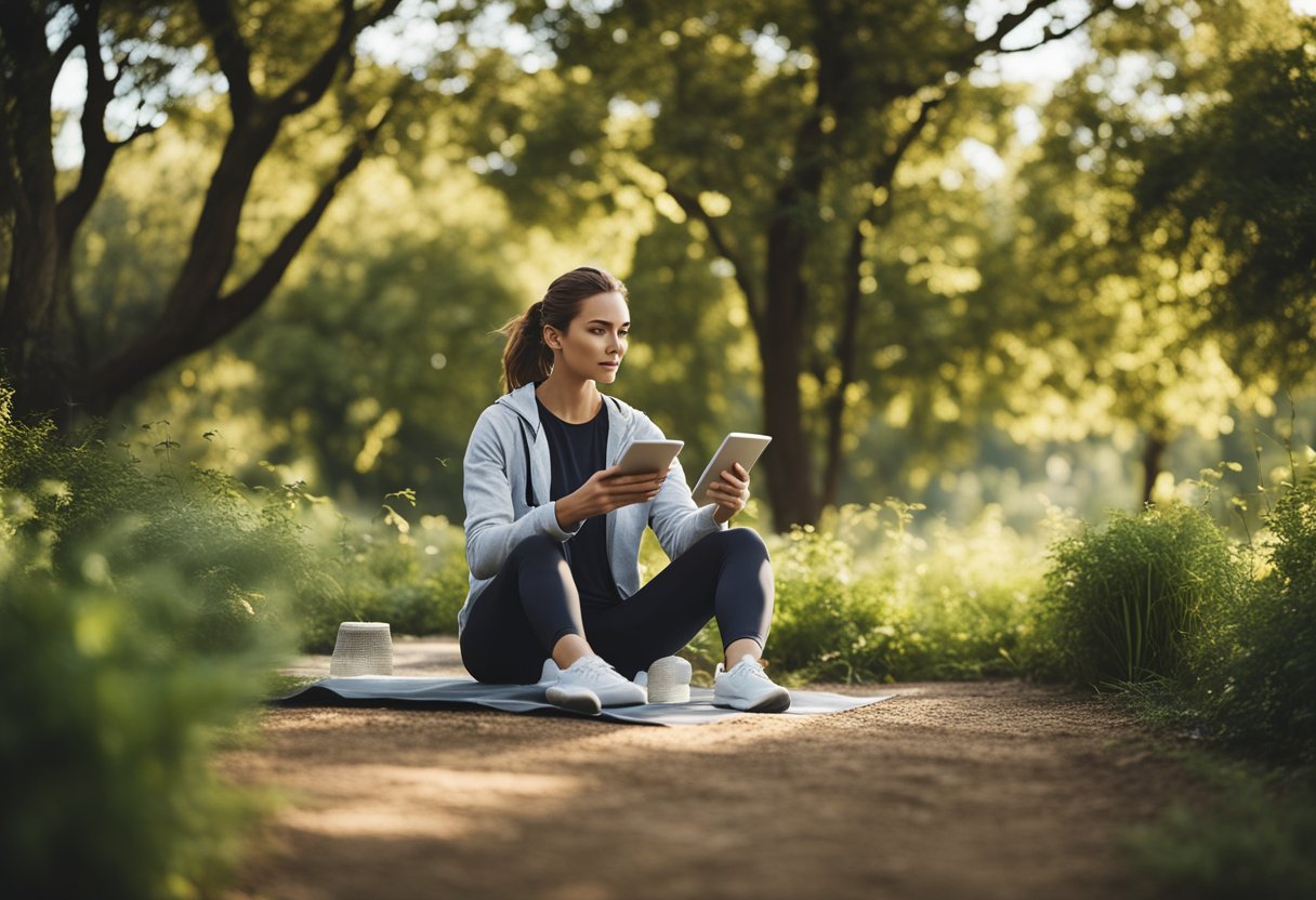 A serene outdoor setting with a person exercising, reading, and eating healthy foods surrounded by nature