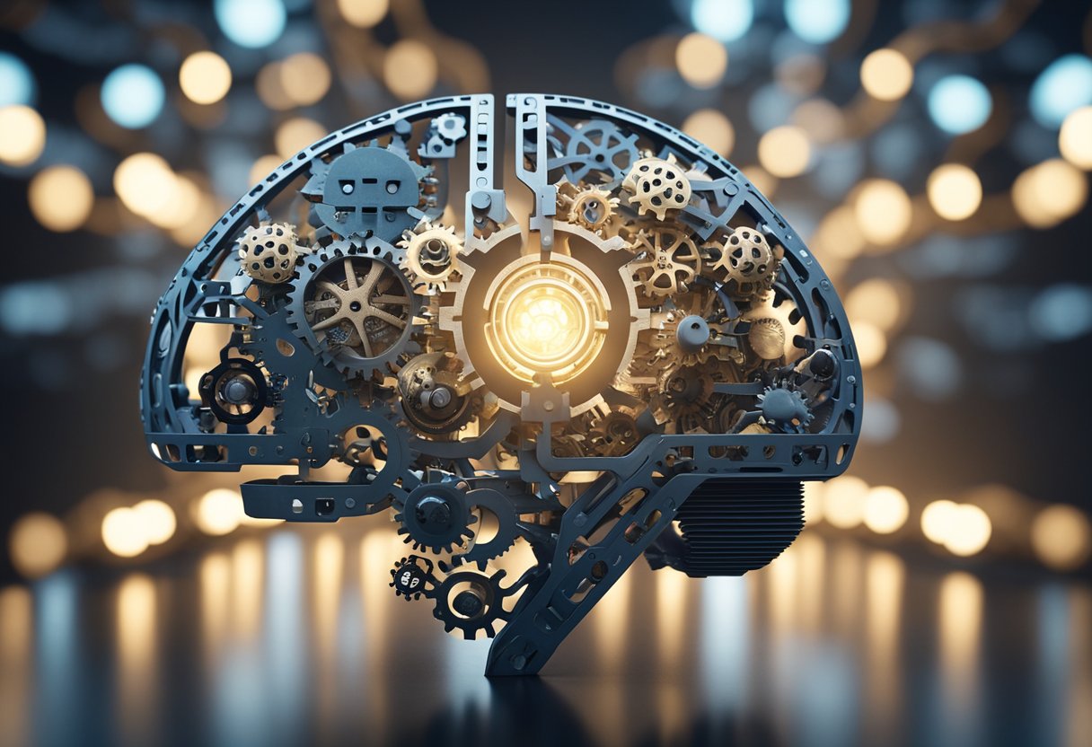 A brain surrounded by gears and light bulbs, with pathways connecting different areas, symbolizing cognitive enhancement and intelligence
