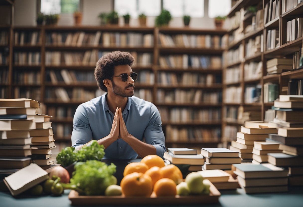 A person surrounded by books, exercising, eating fruits and vegetables, and meditating in a peaceful environment
