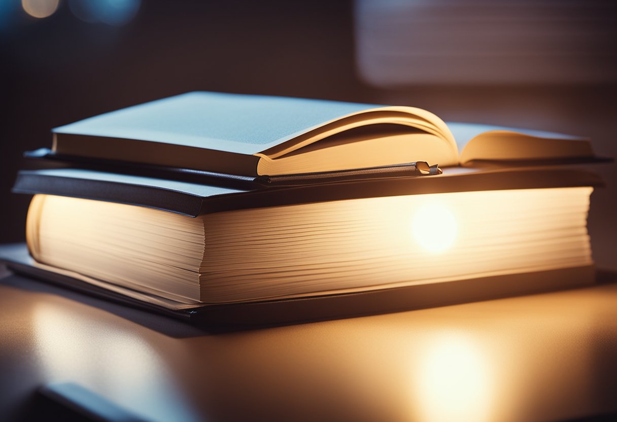 A stack of books surrounded by a glowing light, with a pencil and notebook resting on top