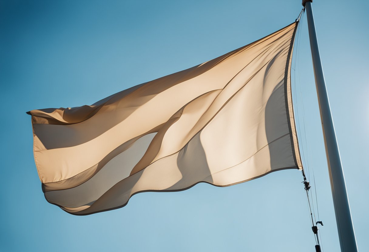 A beige flag flutters in the breeze against a clear blue sky