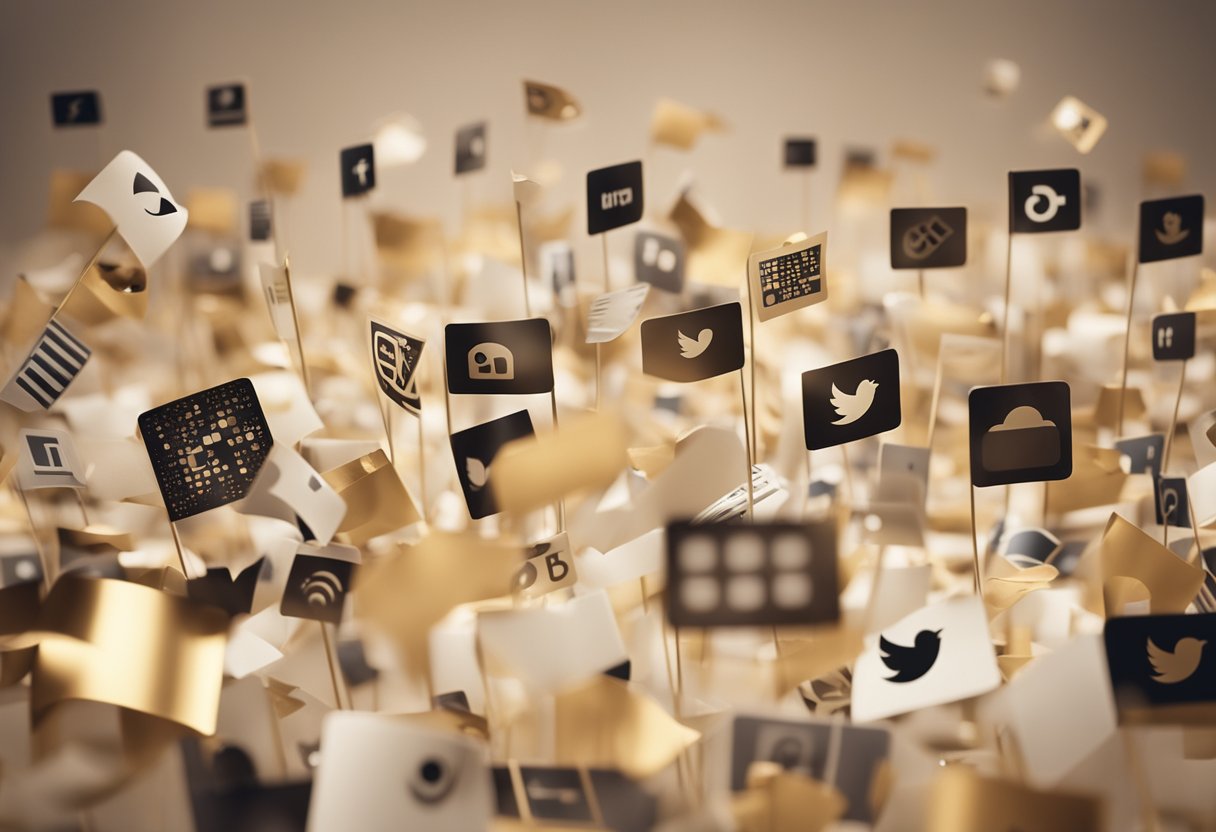 Beige flags scattered across a digital landscape, intertwined with social media icons and dating app symbols