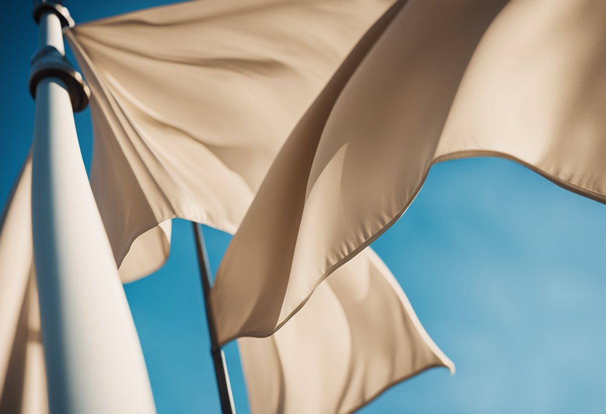 A beige flag waving in the wind against a clear blue sky