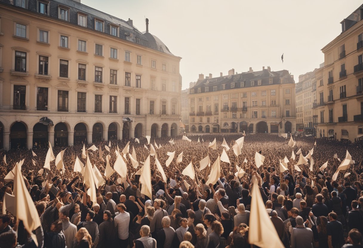 A crowded city square filled with people waving beige flags in celebration