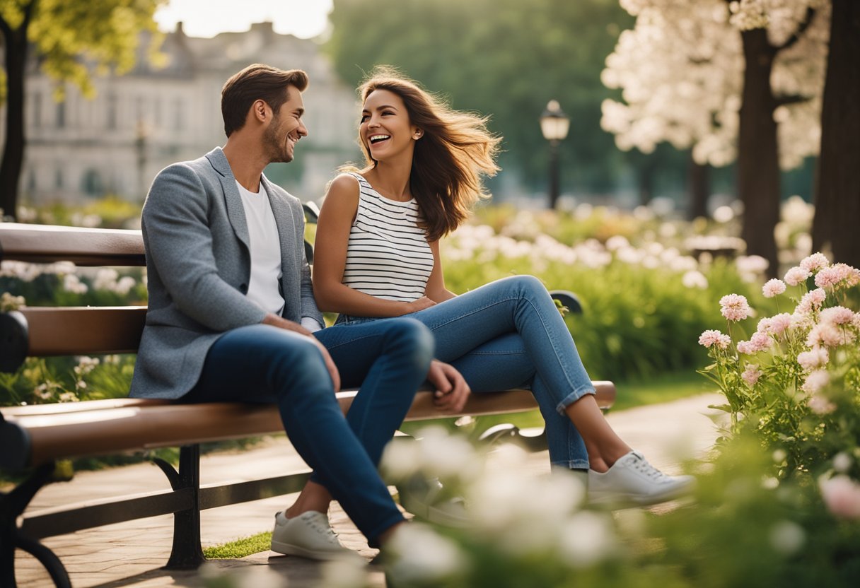 A couple sitting on a park bench, laughing and enjoying each other's company. Surrounding them are blooming flowers and a gentle breeze