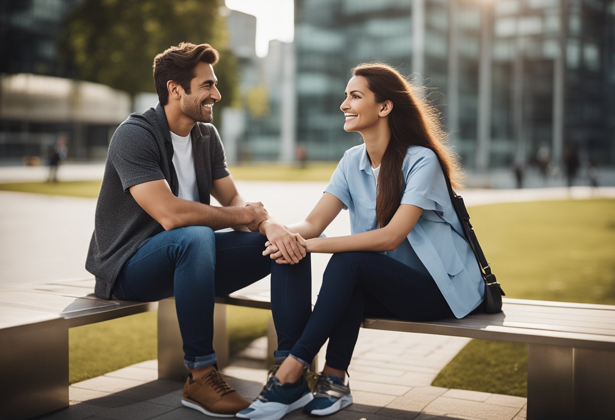 A couple sitting together, smiling and communicating openly with each other, while maintaining physical space and showing mutual respect