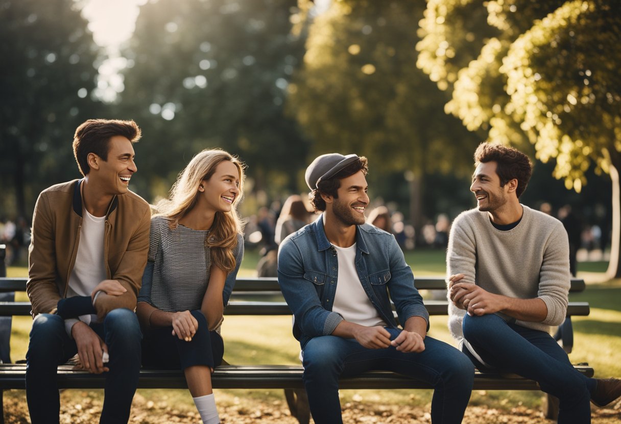 A person sitting on a park bench, surrounded by friends and family, engaged in conversation and laughter, with a feeling of warmth and support in the air