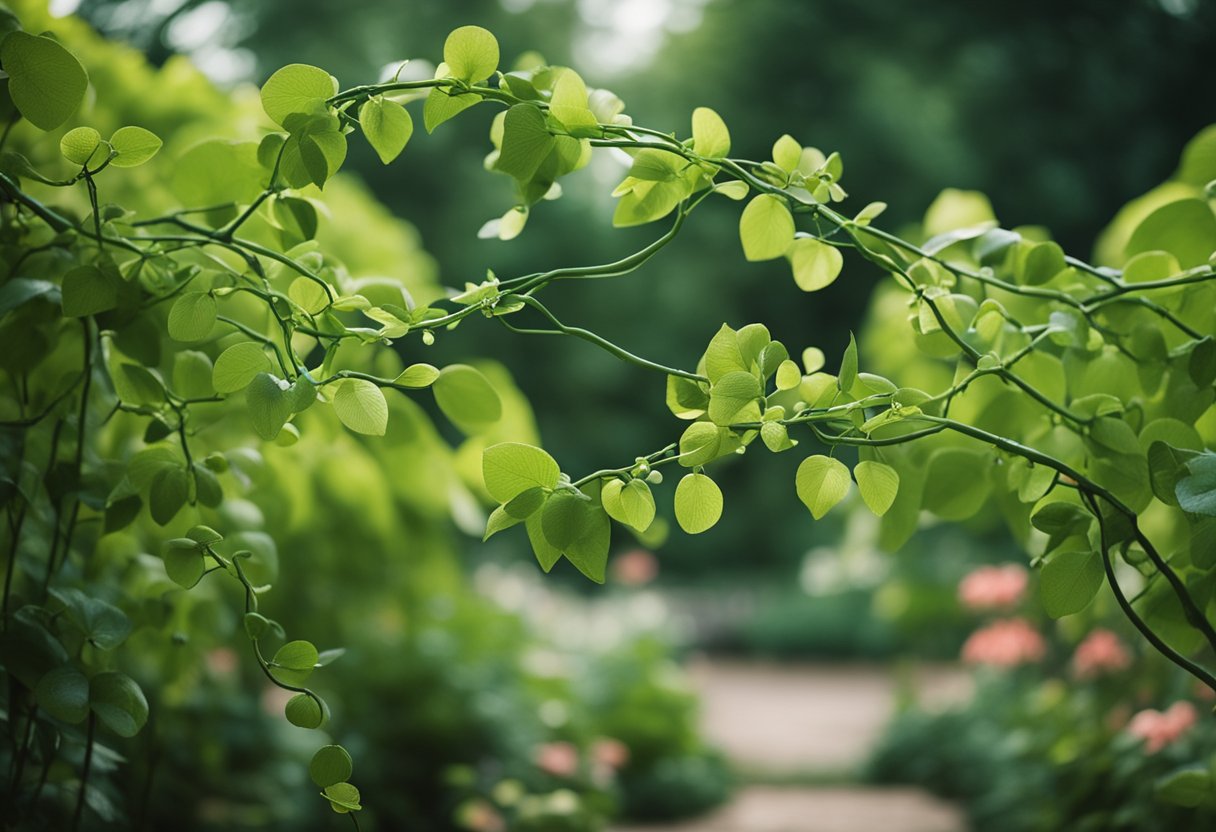 A lush green garden with intertwining vines and blooming flowers, symbolizing the balance between independence and interdependence in a relationship