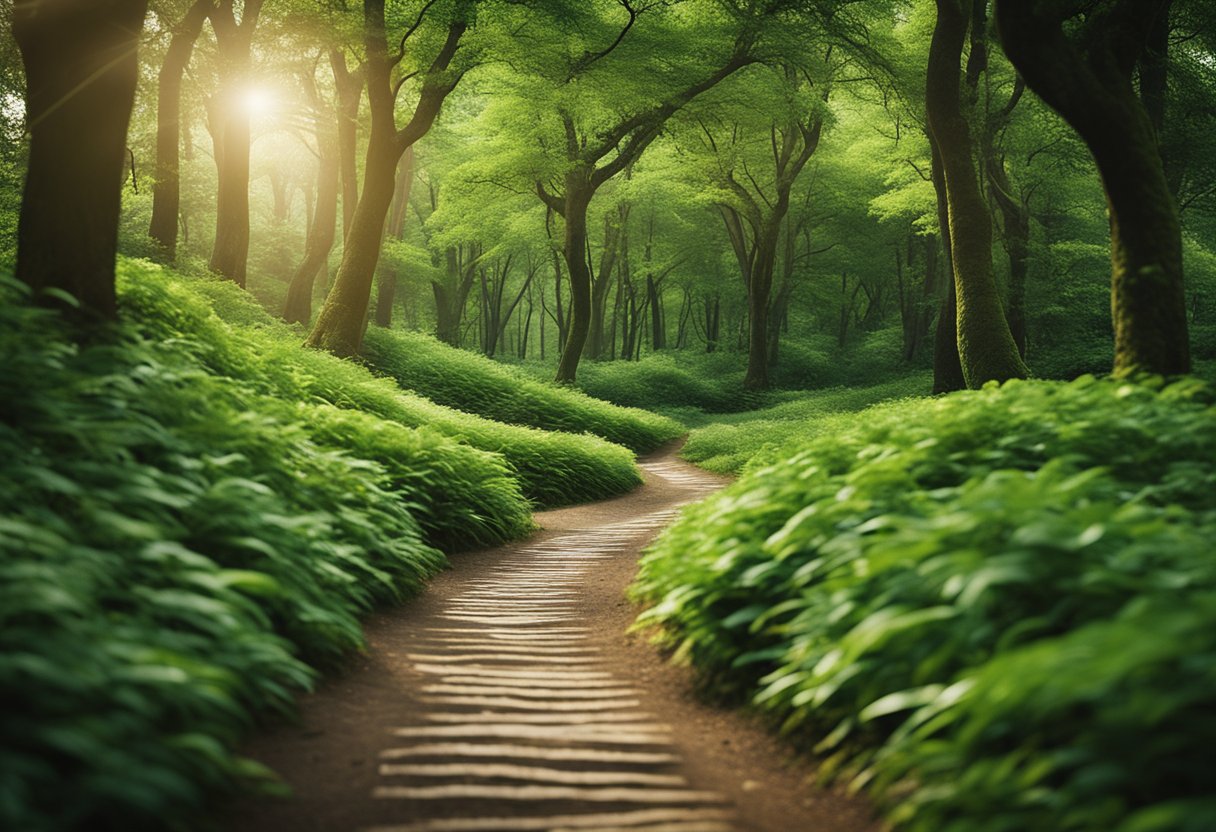 A winding path leading through a lush, green forest towards a distant horizon, symbolizing commitment and long-term goals in a relationship
