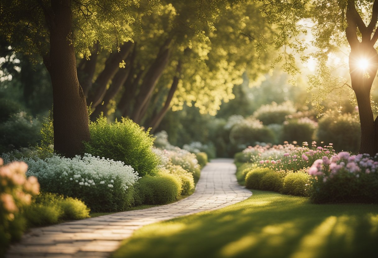 A tranquil garden with a winding path and blooming flowers, surrounded by tall trees and bathed in soft, warm sunlight