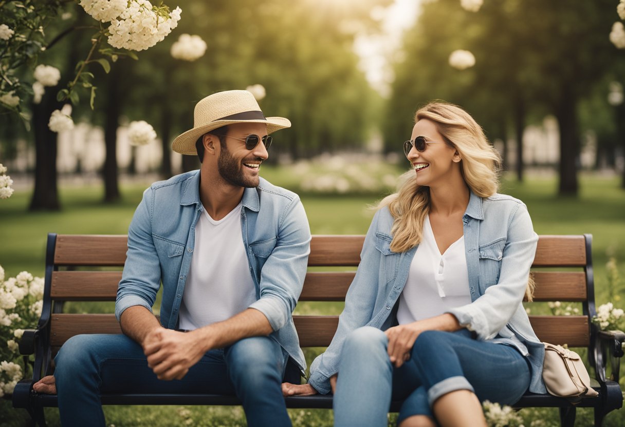 A couple sitting on a park bench, smiling and laughing together. They are holding hands and surrounded by blooming flowers and a bright blue sky