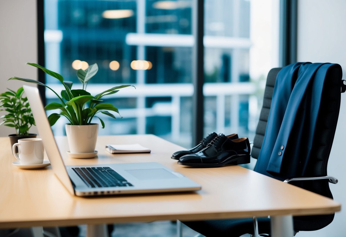A modern office desk with a laptop, coffee mug, and a potted plant. A blazer draped over a chair, next to a pair of polished dress shoes