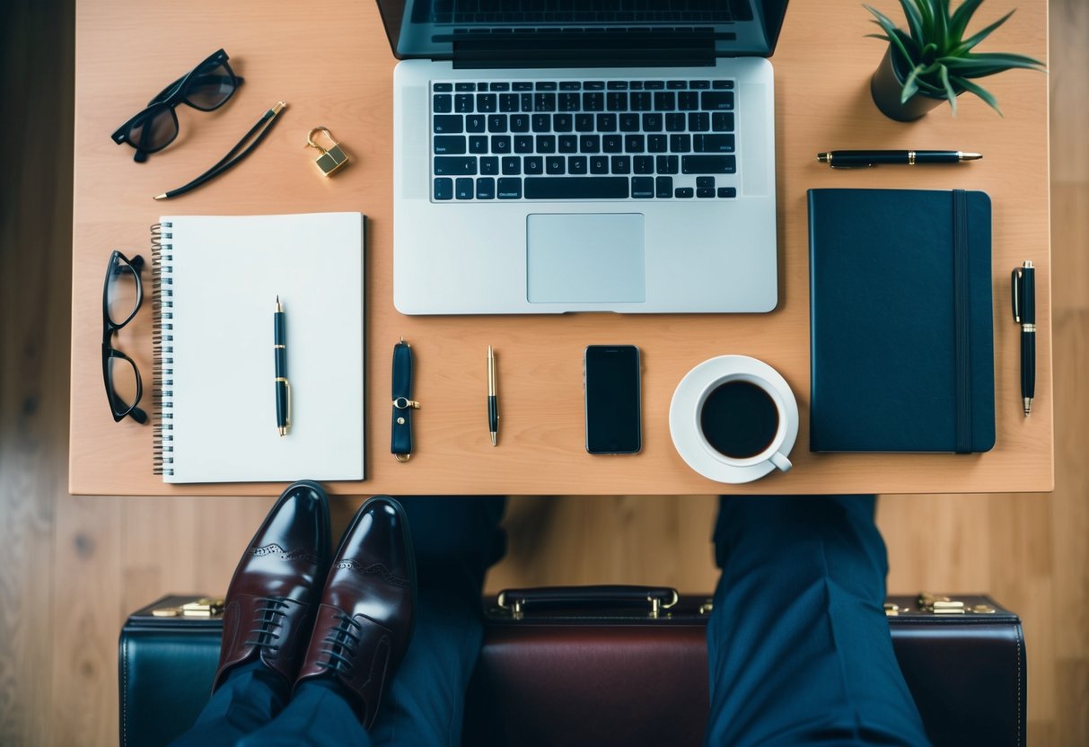 A neatly arranged desk with a laptop, notebook, pen, and a cup of coffee. A pair of polished dress shoes and a stylish briefcase on the floor