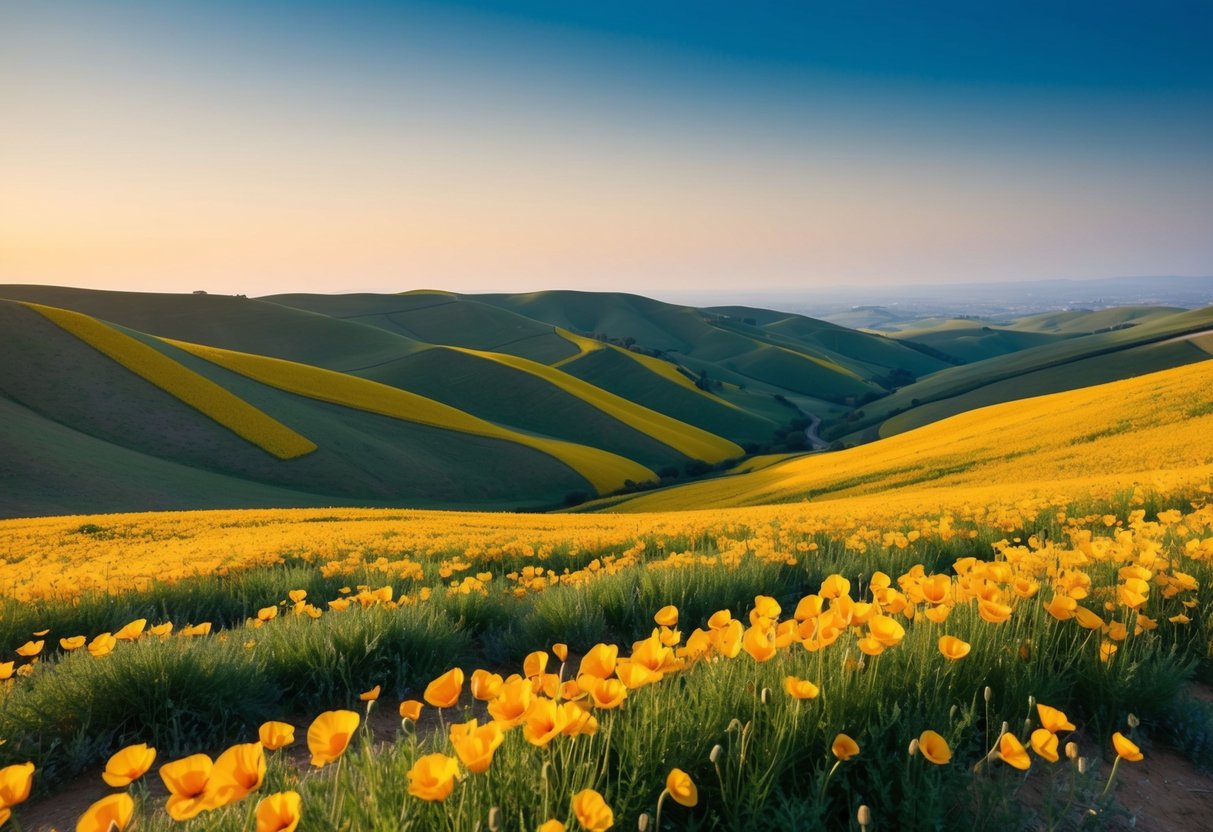 Rolling hills and valleys covered in golden poppies under a clear blue sky, with the sun casting a warm glow over the landscape